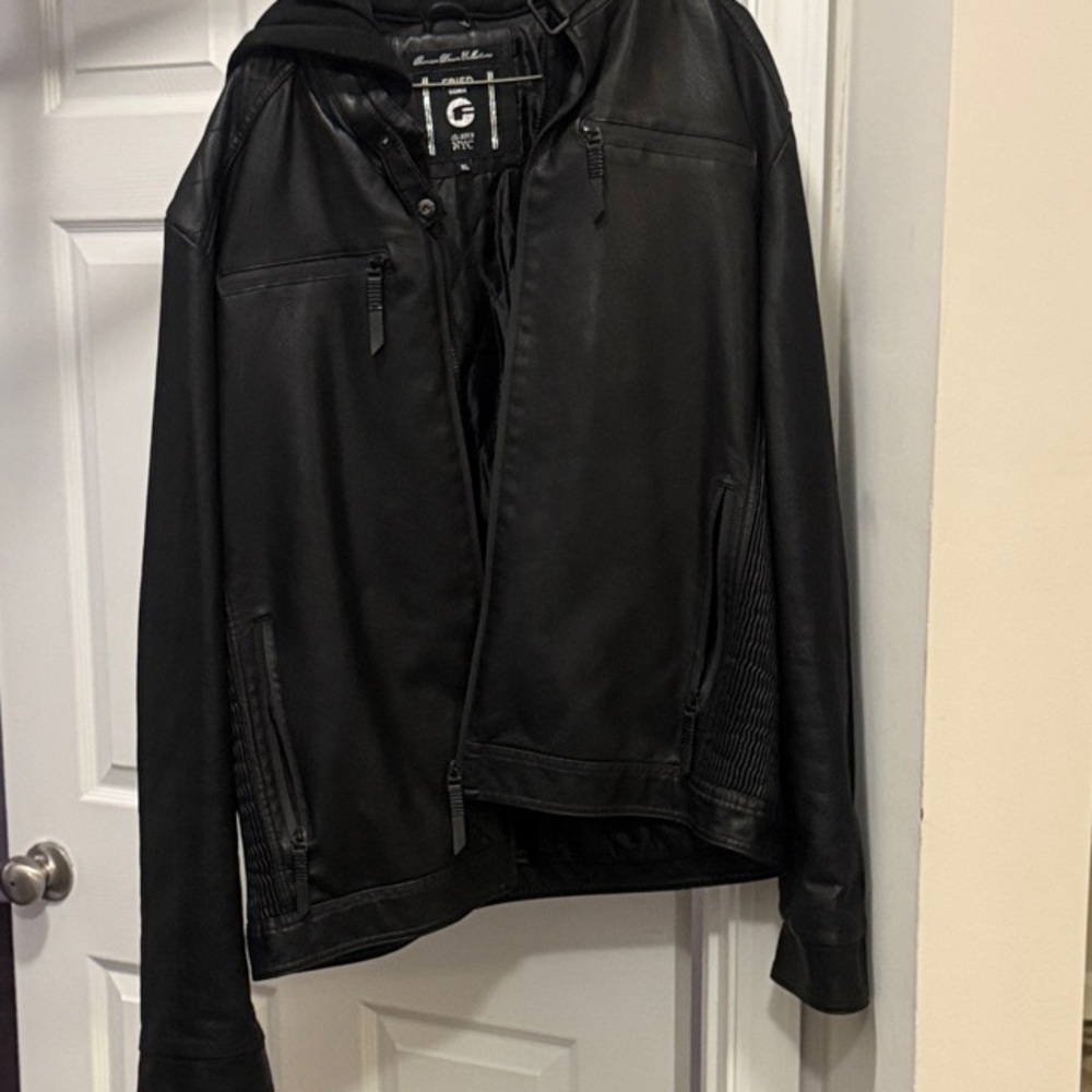 G by Guess Black Hooded Leather Moto-Style Jacket